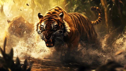 Two tigers charge through shallow water in warm backlight