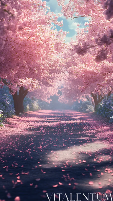 Cherry blossom lane under diffuse spring daylight, receding perspective