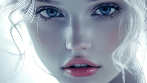Icy blue-eyed portrait glows with ethereal digital realism.