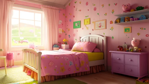 Whimsical pink children&rsquo;s bedroom under soft daylight glow.