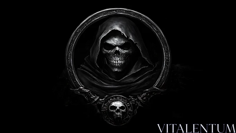 Grinning reaper leans from an obsidian halo of carved bone