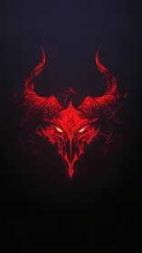Demonic horned skull glows in crimson linework shadow