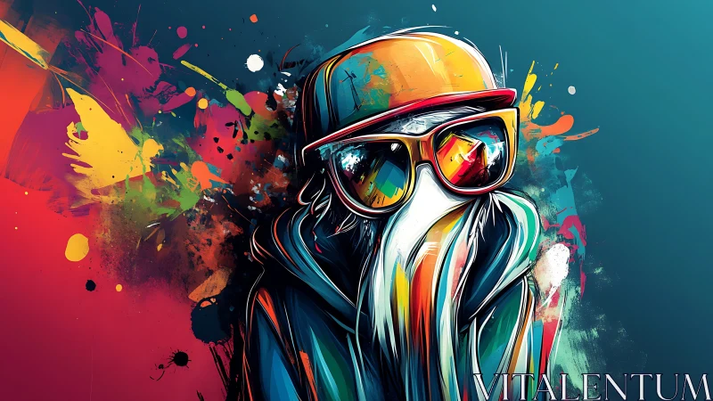 Chromatic hooded figure with oversized glasses in dynamic splatter abstraction