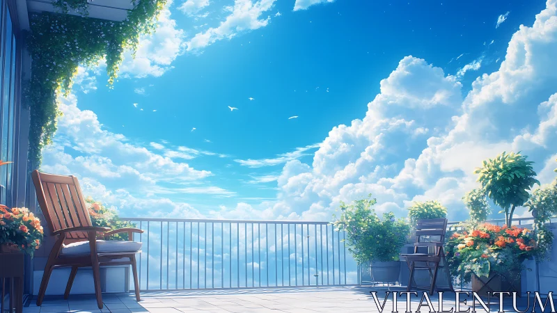 Sunlit sky terrace above clouds with lush flower planters.