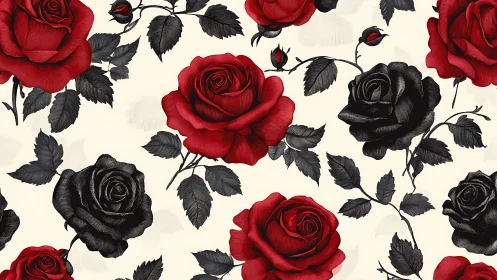 Red and Black Roses on Cream. Vintage Floral Pattern.