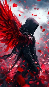 Hooded dark angel with vivid red wings amid petals.