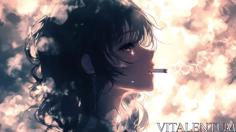 Softly glowing girl exhales smoke into dreamy evening clouds