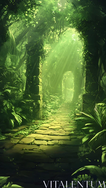 Luminescent Forest Passage Through Verdant Canopy.