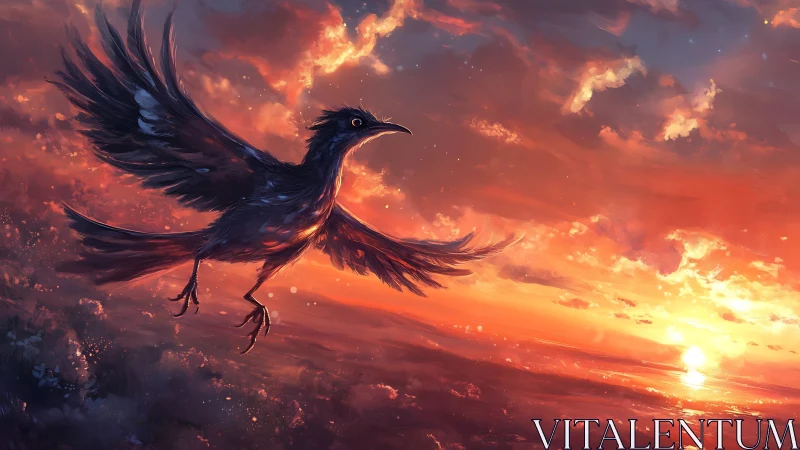 Dynamic corvid silhouette rendered against high-saturation volumetric sunset sky