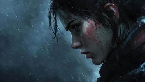 Profile study of rain‑soaked survivor under lateral storm lighting.