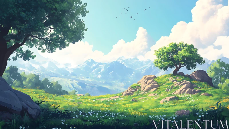 Sunlit hilltop meadow opening to bright mountain horizons.