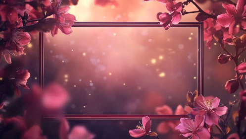Pink Floral Frame with Bokeh Lights.