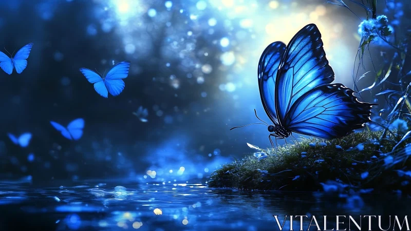 Blue butterfly resting by a dreamy moonlit forest pond.