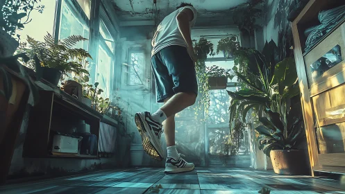 Person standing in plant-filled sunroom with tiled floor.