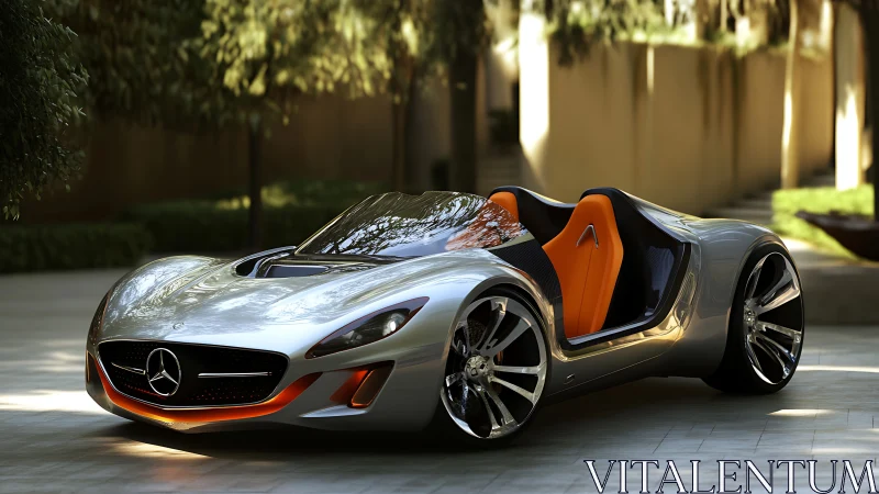 Silver open-top concept roadster is parked in courtyard