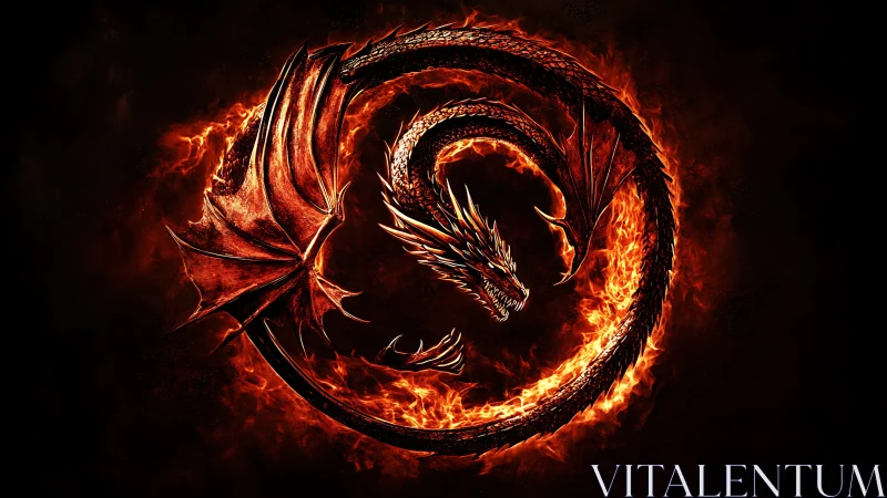 Coiled fire dragon forms blazing circular emblem in darkness