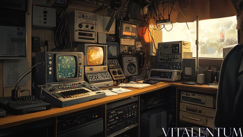 Cozy retro control room glowing with vintage tech warmth.