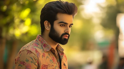 Photorealistic male portrait in shallow-depth outdoor bokeh style.