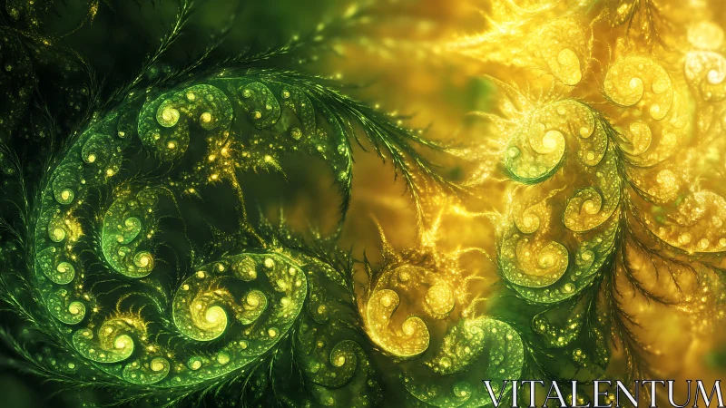 Green and gold fractal spirals form dense branching patterns