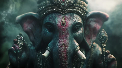 Serene elephant deity bathed in misty, glowing light.
