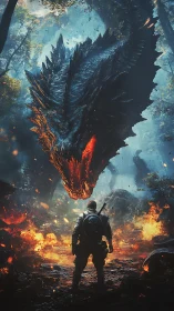 Armored warrior confronting volcanic dragon in burning forest