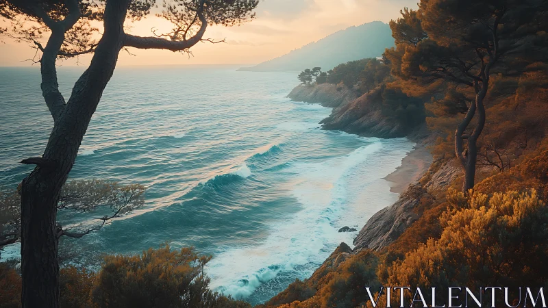 Sunlit coastal pines above turquoise waves at sunset.