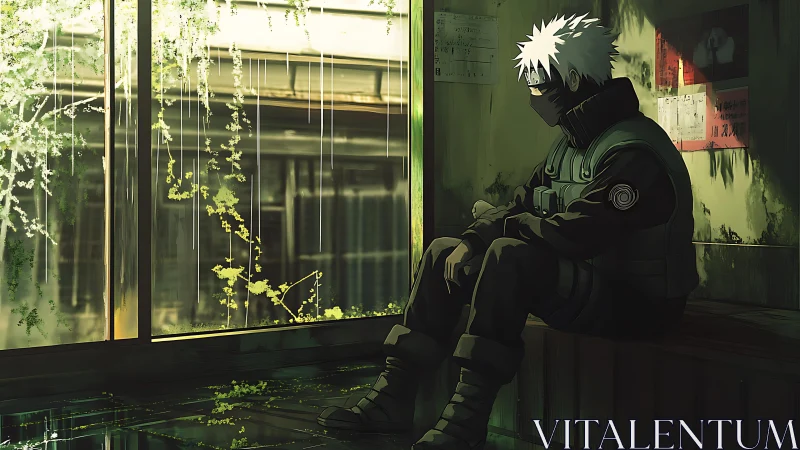 Melancholic masked soldier in greenlit interior near rain streaked window