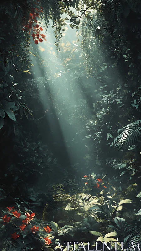 Dense forest interior with crepuscular light rays filtering through canopy