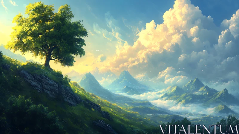 Solitary hillside tree overlooks layered misty mountain valley