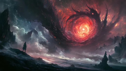 Storm-torn cosmos curls into one blazing crimson eye above