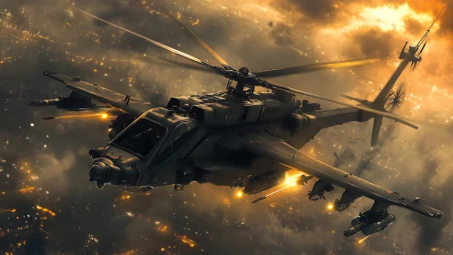 Attack helicopter renders over burning futuristic city