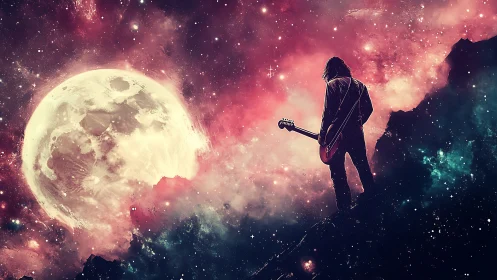 Silhouette of guitarist on ridge against enlarged lunar disc