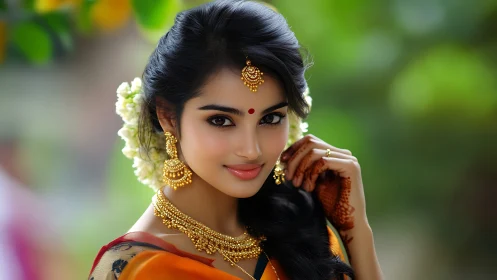 Digital portrait of bride in traditional South Indian adornment.