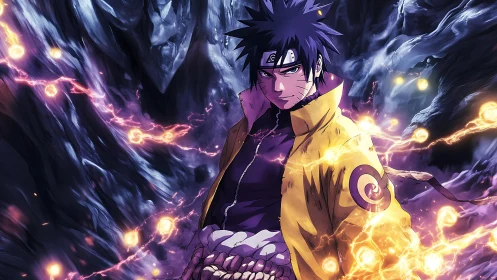 Storm-lit ninja in blazing chakra cloak of crackling fury.