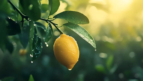 Single lemon on branch with dewdrops in soft backlight.