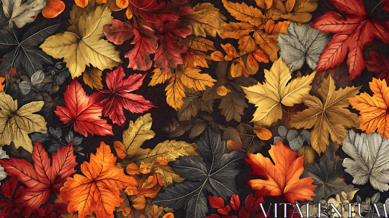 Cozy autumn leaves scattered in warm reds, golds, and grays.