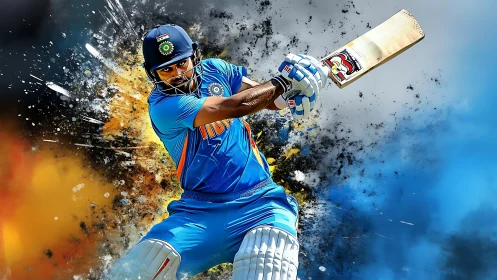 Indian cricket batsman playing aggressive front-foot shot.