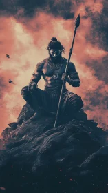 Warrior seated on rocky peak with spear and storm clouds.