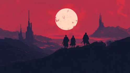 Triad of travelers under scarlet alien sun and spire citadels.