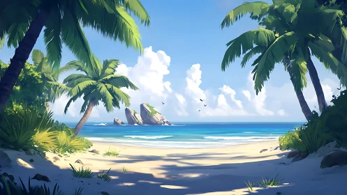 Tropical Beach Cove with Rocky Islets and Palm Framing.