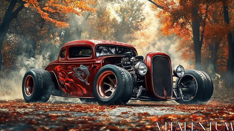 Wild red hot rod cruising through a misty autumn forest.