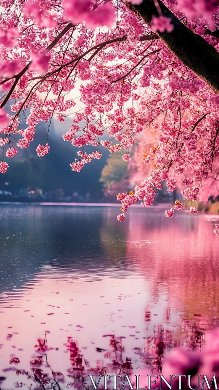 Photorealistic cherry blossom canopy over reflective lake surface.