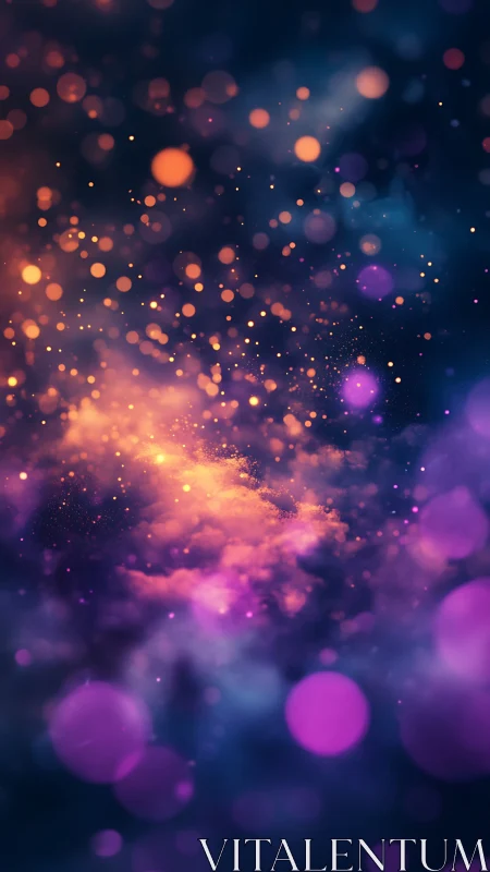 Nebula sparks drift through violet night and glowing bokeh.