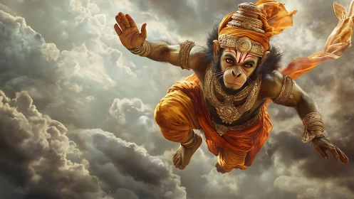Soaring monkey hero in glowing orange robes above clouds.