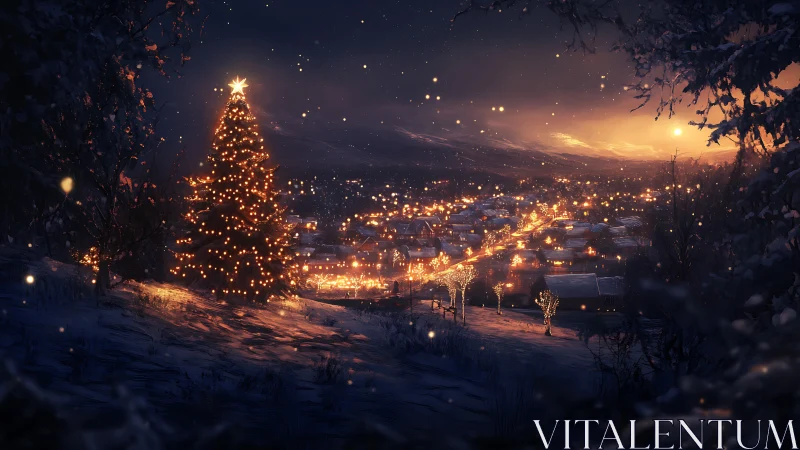 Snowy hillside Christmas tree overlooks glowing winter town.