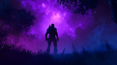 Lone voidwalker gazes into a storm of violet cosmic mist.