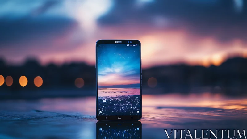 Smartphone on reflective shore capturing twilight seascape