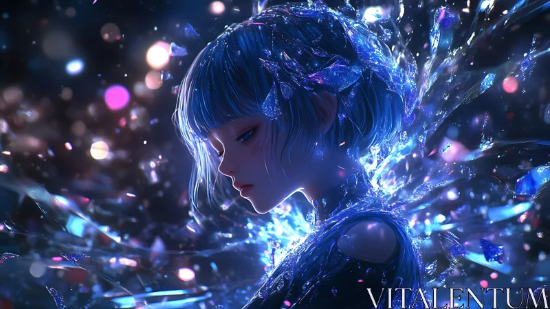 Crystal-haired profile portrait in prismatic light burst.