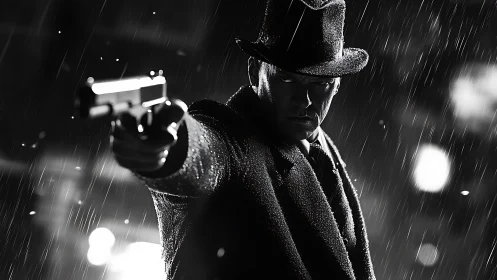 Man in overcoat aiming handgun in rainy night street scene.