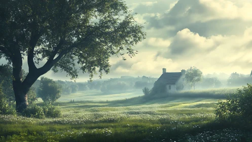 Misty rural meadow with cottage under soft morning light.